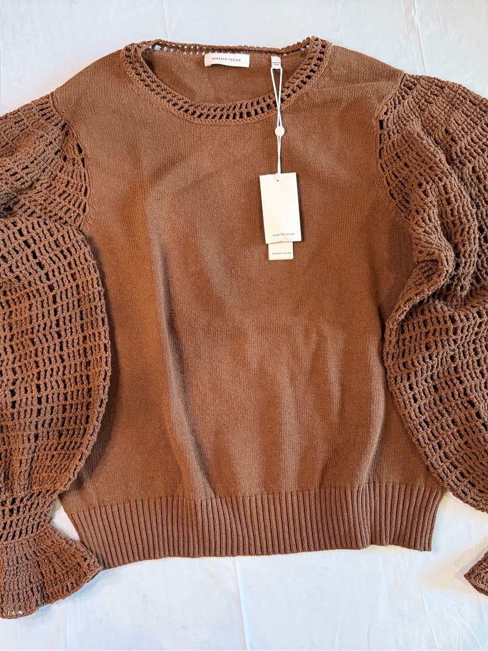 NWT Rebecca Taylor Ladder Sleeve Sweater Brown Crochet Balloon Sleeve XL